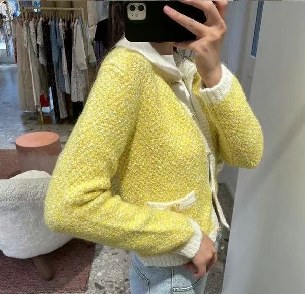 

2022 maje knitted cardigan with white yarn coat color yellow sweater, White;black