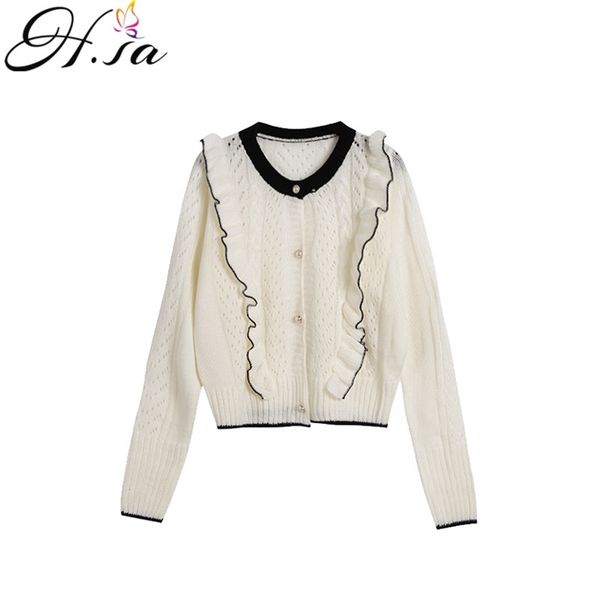 

autumn fashion sweater cardigans round neck ruffles white knit jumpers long sleeve vintage chic hollow out 210430