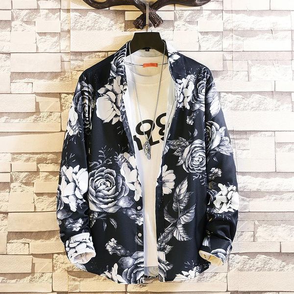 

men's dress shirts plus size 6xl 7xl youth shirt printing long-sleeved japanese fashion loose casual personality male coat, White;black