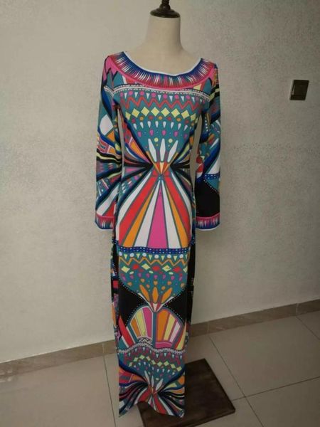 

casual dresses [efatzp] luxurious brands designer long sleeve maxi dress women's bohemian blue printed stretch jersey silk plus size xx, Black;gray
