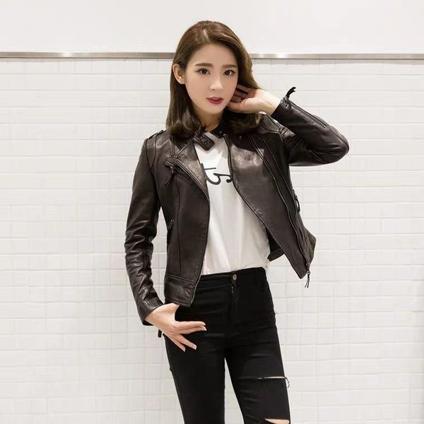 

women's jackets haining leather short slim fit 21 sheep skin spring and autumn motorcycle jacket fashion leisure trend coat women, Black;brown