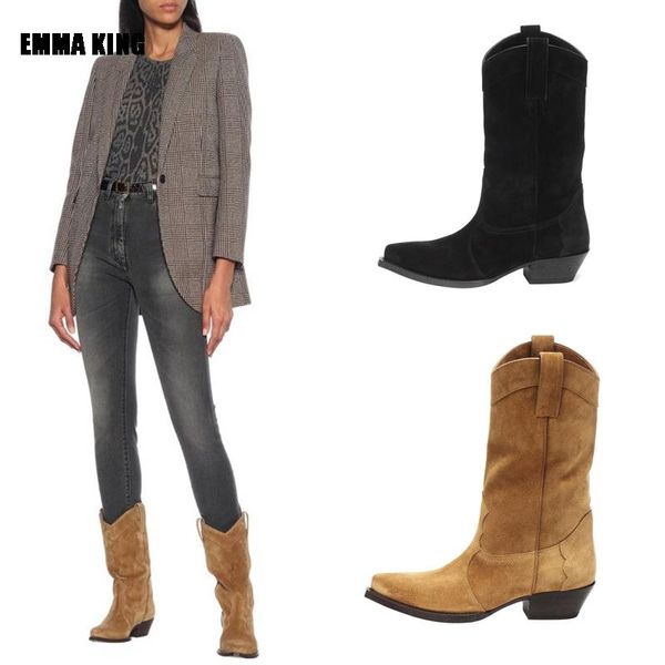 

boots women fashion mid-calf winter ladies khaki/black suede vintage western pointed toe low heels for 2021