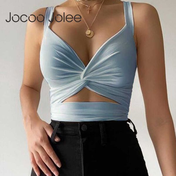 

jocoo jolee elegant corset v neck hollow out lace up bandage tanks and camis women summer solid harajuku crop 210619, White