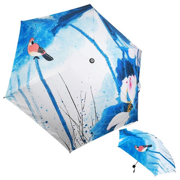 

umbrellas anti-uv mini umbrella oil painting paraguas compact sun rain women parasol bird portable folding blue travel