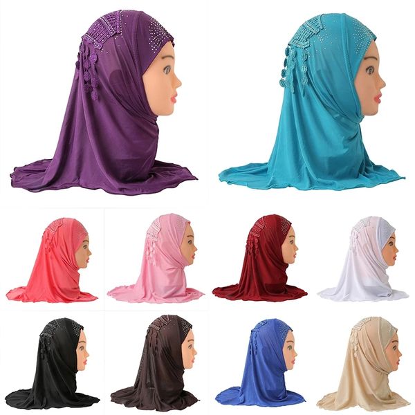 

2022 muslim girl hijab scarf islamic kid rhinestone lace tassel turban plain headwrap cute shawl elastic burqa for 2-7 years children, Blue;gray