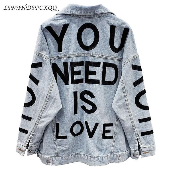 

women's jackets streetwear style letter embroidery denim jacket women diamonds jeans coat female casual spring autumn fashion loose out, Black;brown