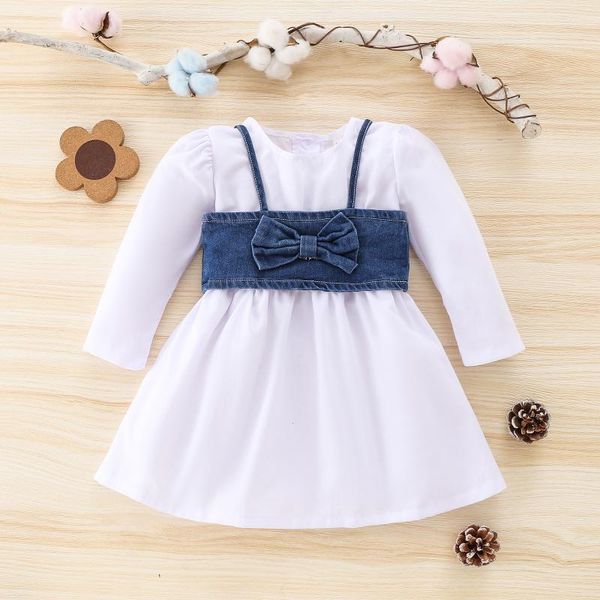 

girl's dresses focusnorm 2 colors autumn fashion kids girls dress 2pcs solid color long sleeve a-line with denim bowknot vest, Red;yellow