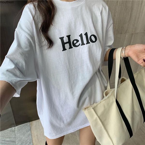 

women's t-shirt houthion short-sleeved women korean loose wash cotton comfortable fashion letter printing round neck tshirt, White