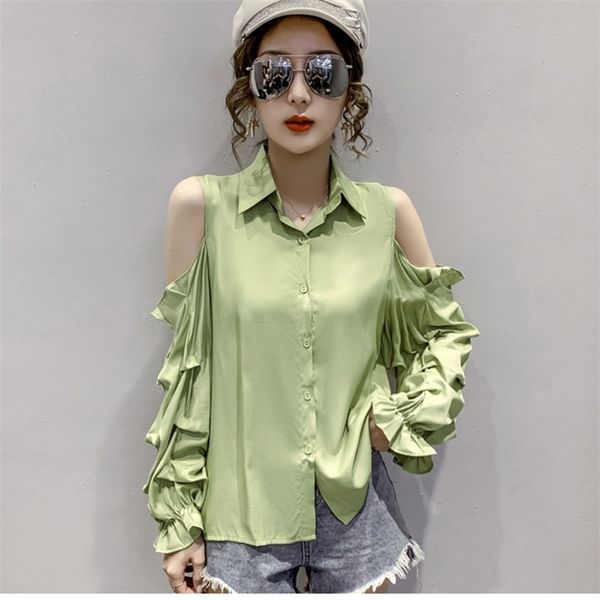 

spring autumn women's blouse solid color leaky shoulder long sleeve korean style loose puff chiffon gx228 210507, White