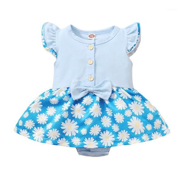 

rompers opperiaya kids baby girls summer round neck button casual bodysuit cute sleeve bow front daisy print tutu ruffle jumpsuit, Blue