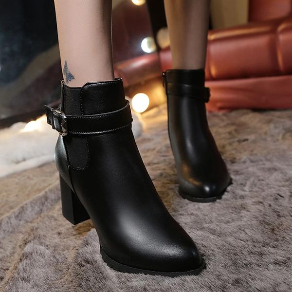 

boots women ankle winter suede high heels ladies fashion pointed toe gladiator black leather shoes for woman plus size 42
