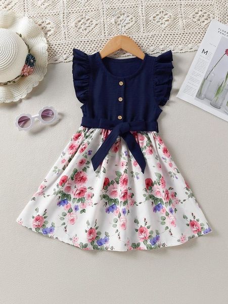 

little girl's printed ruffle belt dress she, Red;yellow