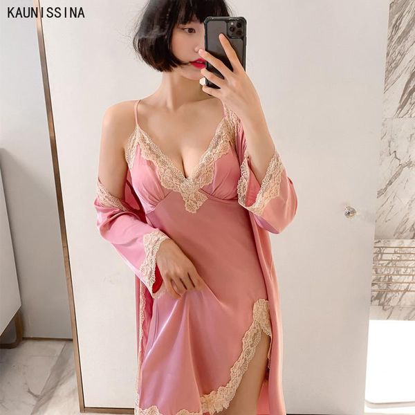 

women's sleepwear women silk robe set bride bridesmaid wedding robes night gown lace kimono bathrobe lounge nightgown two piece, Black;red