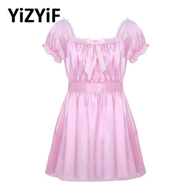 

one-piece suits mens lingerie gay underwear short sleeve square neckline shiny soft satin high low design crossdress dress with sash nightwe