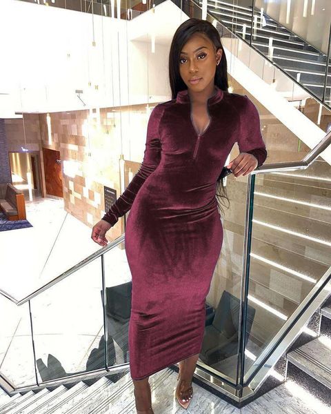 

casual dresses women's dress golden velvet long sleeve zipper maxi high waist cotton party clothing, Black;gray