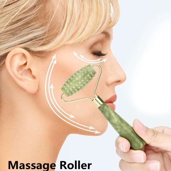 Rullo di giada naturale verde Massaggiatore facciale in pietra con testa a onda singola a spillo per collo sottile Lift Relax Strumenti rilassanti dimagranti JD020