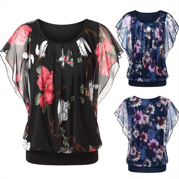 

plus size girls summer short women shirts batwing sleeve o neck stylish floral print loose tunic casual street top, White