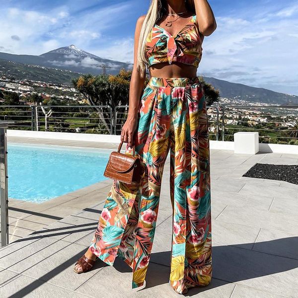 

women's two piece pants summer print boho pant suits women 2 sets spaghetti strap crop split wide leg 2021 beach vacation outfits, White