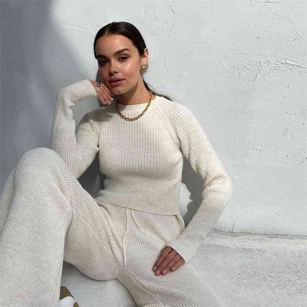 

women's knitted sweater solid color round neck long sleeve outfits y2k casual striped suit warm two piece sets tracksuit 210819, White