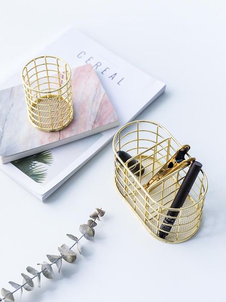 

nordic minimalist style gold-plated iron art golden pen holder hollow cosmetics sundries storage tank creative finishing tube boxes & bins