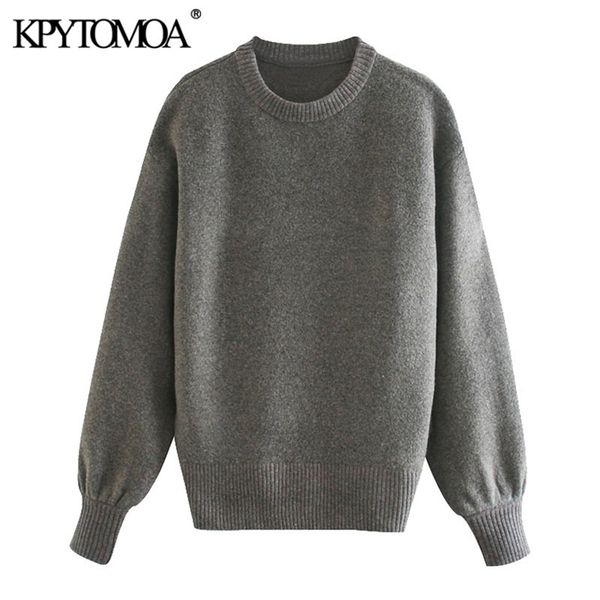 

women fashion thick warm loose knitted sweater vintage o neck puff sleeve female pullovers chic 210420, White;black
