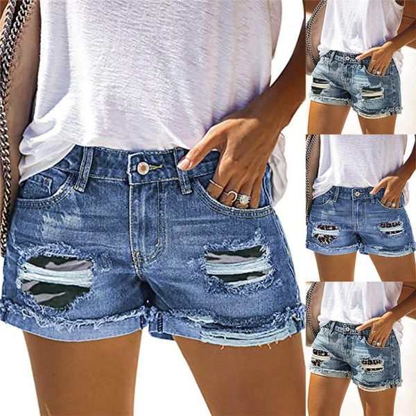 

women's jeans fashion summer women vintage high waist leopard patch shorts casual hip hop female fit blue y2k denim