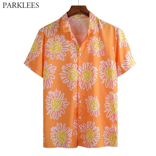 Sun Flower Gedruckt Männer Hemd Hawaiian Strand Urlaub Herren Mode Lässig Lose Button Up Männer Kurzarm Shirts Männlich Camisa 210524