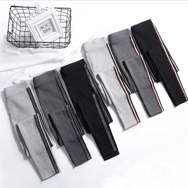 

spring summer cotton leggings women high waist side stripes sporting fitness pants slim quality 211215, Black