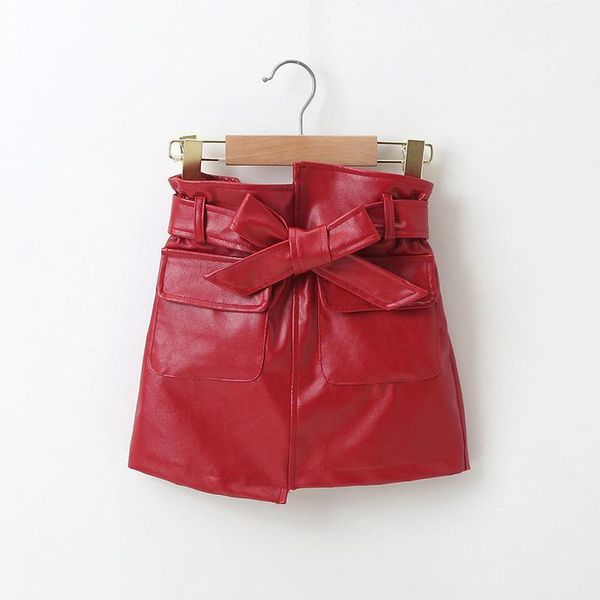 

shorts kids girls pu leather autumn skirts children's fashion cool clothing baby girl solid short bow sashes 2-6 years, Black