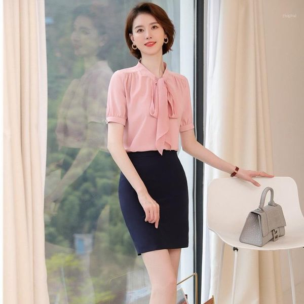 

two piece dress summer women 2 pieces casual interview suit with skirt and blouse bow tie novelty pink female office ladies shirt suits, White