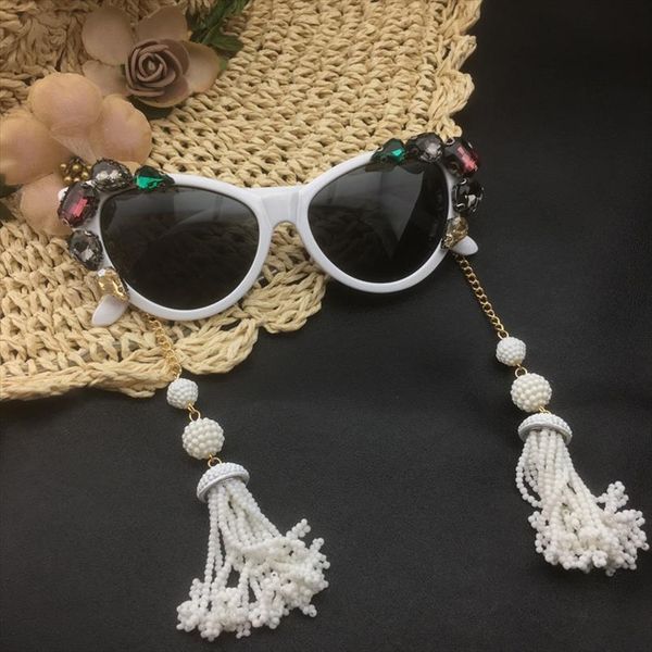 

arrival fashion baroque women girls crystal cat eye sunglasses retro long pearl tassel summer beach glasses, White;black