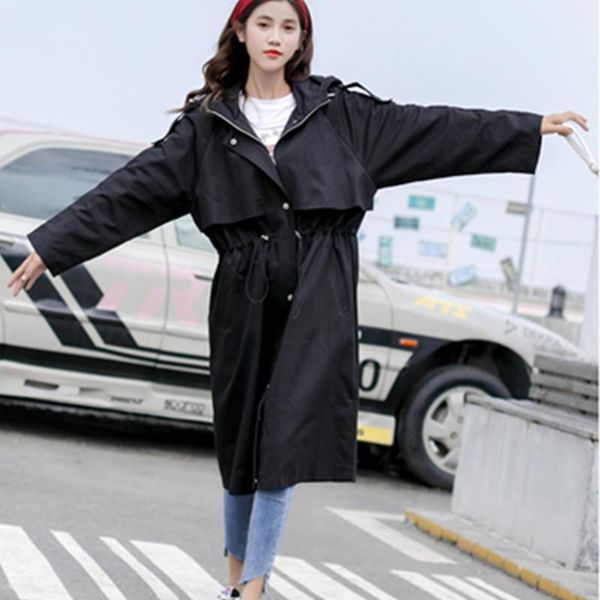 

women's trench coats 2021 hooded windbreaker long section middle school students spring autumn wild chic loose jacket female casual out, Tan;black