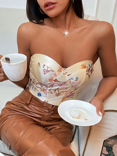 

floral print backless bustier tube a3pn#, White