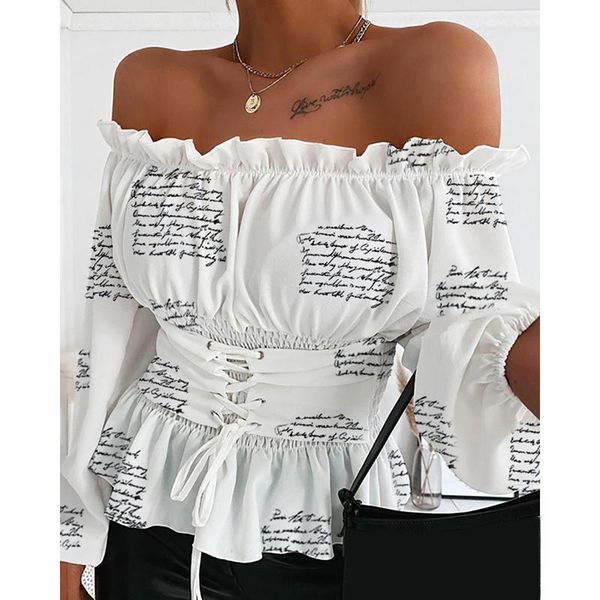 

women's t-shirt women print solid color off shoulder long sleeve lace up corset shirts ruffle belted waist lady shirt elegant slash nec, White