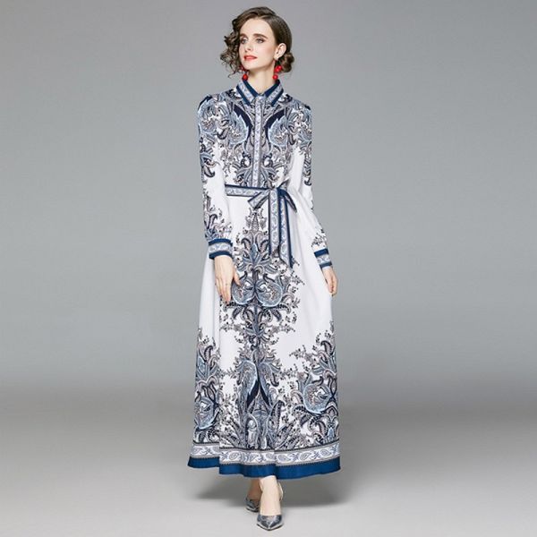 

2121 spring women's runway turn down collar long sleeve blue floral printed maxi long dress high street office slim dresses 210514, Black;gray