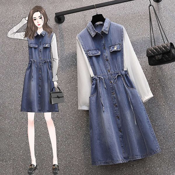 

casual dresses dress large size women's spring fat sister foreign style age reduction french waist slim cover meat denim q5em, Black;gray