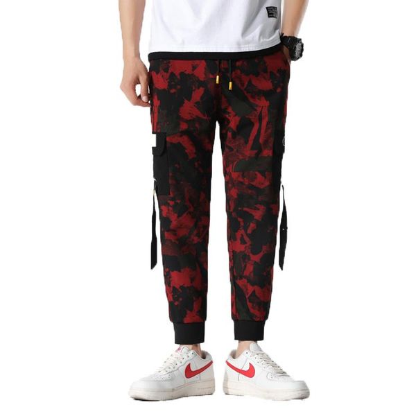 

men's pants 2021 camouflage cargo men hip hop joggers harajuku ribbons multi pocket man sweatpants streetwear male, Black
