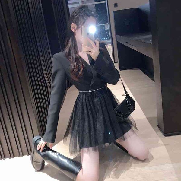 

casual dresses blazer women black mesh office female spring business long sleeve double breasted mini korean nbjh, Black;gray