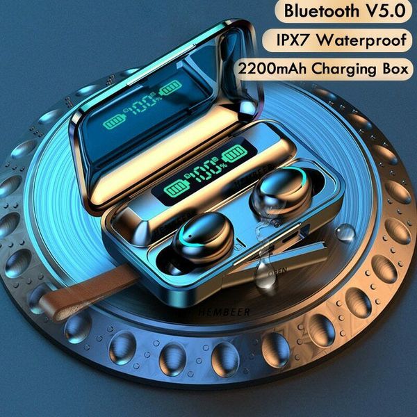 

tws bluetooth 5.0 earphones 2200mah charging box wireless headphone 9d stereo, Silver