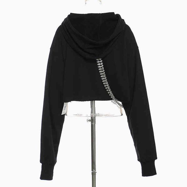 

women's hoodies & sweatshirts twotwinstyle patchwork chain diamond sweatshirt for women hooded collar long sleeve short female fall fa, Black