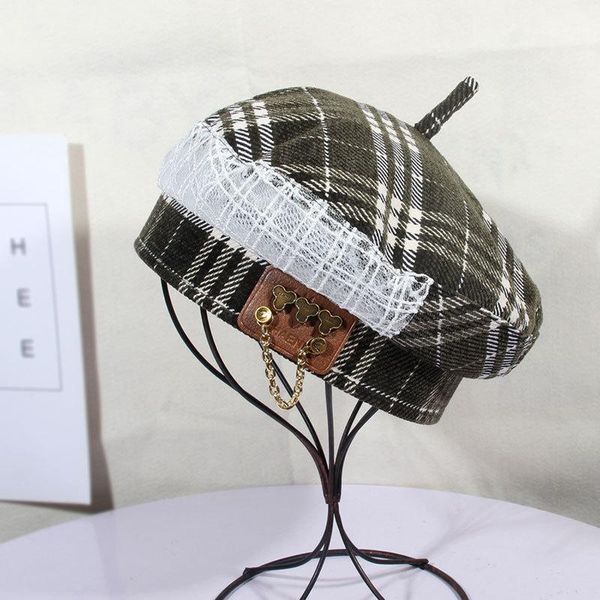 

berets women's hat beret ins tide retro woven octagonal spring and autumn korean version of the wild painter lattice, Blue;gray