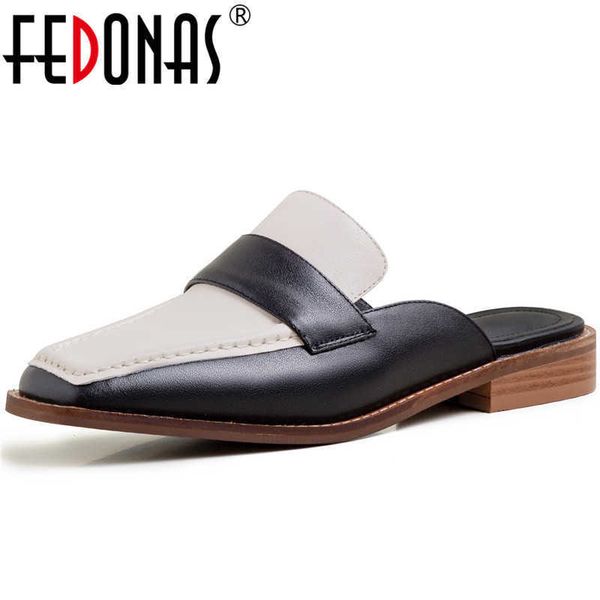

women classic design genuine leather mules slippers thick heels square toe pumps summer sandals shoes woman 210528, Black
