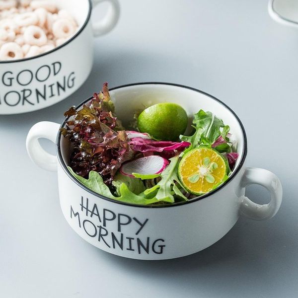 

bowls 1pc ceramic ramen bowl kitchen tableware fruit salad mixing with handle kids students soup rice brief mj