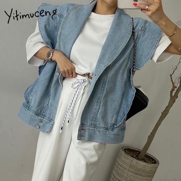 

women's vests yitimuceng denim vest jacket women clothes ruffles casual jeans coat single breasted korean coats spring fall 2021 fashio, Black;white