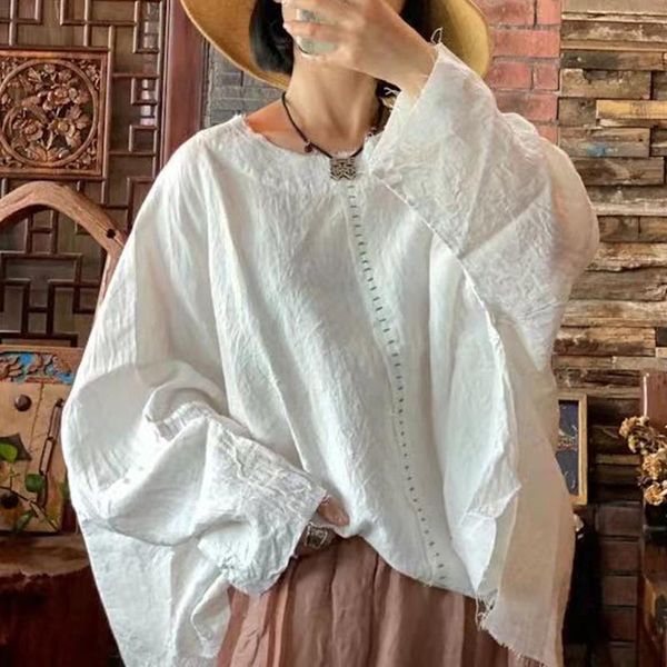 

women's blouses & shirts johnature linen solid color vintage women chinese style autumn full sleeve 2021 loose retro torn edges, White