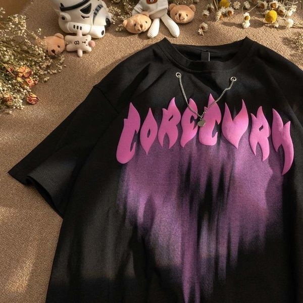 

plus size t-shirt houzhou harajuku women print necklace patchwork short sleeve oversized graphic t shirts couples streetwear, Black