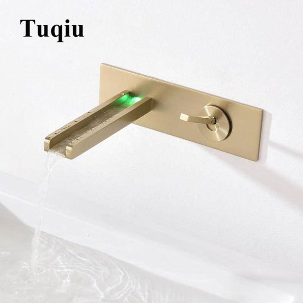 

bathroom sink faucets basin faucet in mounted led waterfall brushed gold in-wall spout mixer tap set solid brass