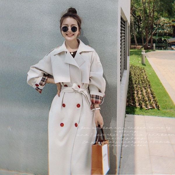 

women's wool & blends spot plaid stitching contrast color long trench coat f, Black