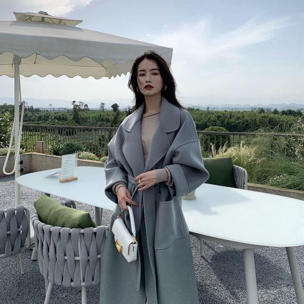 

women's trench coats 2021 autumn and winter double-sided cashmere coat medium length loose thickened temperament high-end wool tweed, Tan;black