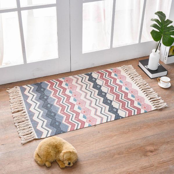 

retro bohemian geometric floor mat hand woven cotton linen carpet tassel rug bedroom tapestry decorative blanket area carpets